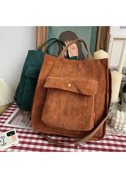 Dış Fermuar Yeşil Tarzı Hylhexyr Kadife Omuz Çantası Kadın Vintage Alışveriş Çantaları Fermuar Kız Öğrenci Bookbag Çanta Dış Cep ile Rahat Tote (Yurt Dışından)
