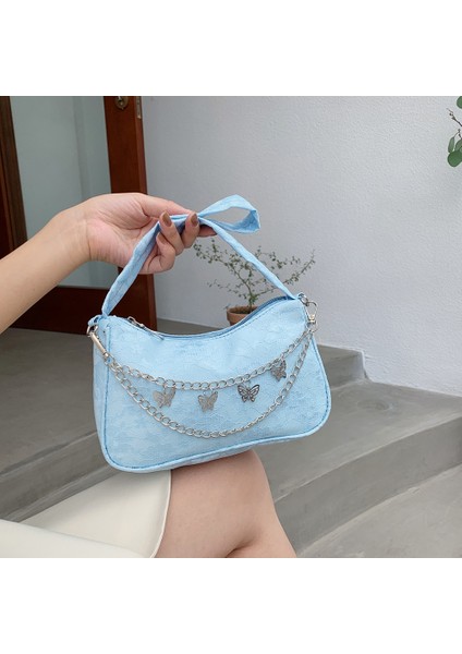 Tavus Kuşu Mavisi Stili Vintage Kadın Kelebek Zincir Patent Pu Deri Omuz Koltukaltı Çantası Bayanlar Rahat Vahşi Düz Renk Küçük Çanta Çanta (Yurt Dışından)