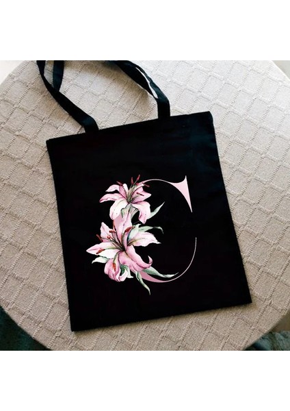 G2182-TBBK-M Stili Zambak Mektup Baskı Kadın Alışveriş Çantası Kadın Kanvas Kumaş Omuz Çantası Eko Depolama Rahat Çanta Yeniden Kullanılabilir Katlanabilir Moda Kılıf (Yurt Dışından)