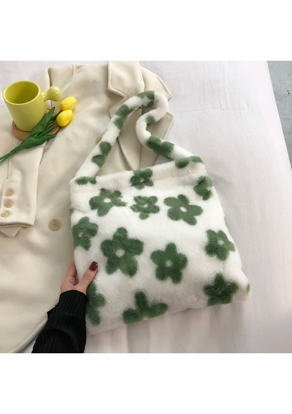 08 Yeşil 30X30X2CM Stili Women's Bag Plush Leopard Love Heart Pattern Underarm Shoulder Bag Autumn Winter Ladies Large Capacity Shopper Tote Handbags (Yurt Dışından)