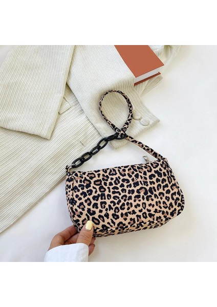 B Leopar Stili Hayvan Desen Baskı Tuval Omuz Koltukaltı Çanta Eski Bayanlar Küçük Çanta Çanta Rahat Tüm Maç Moda Kadın Kare Çanta (Yurt Dışından)