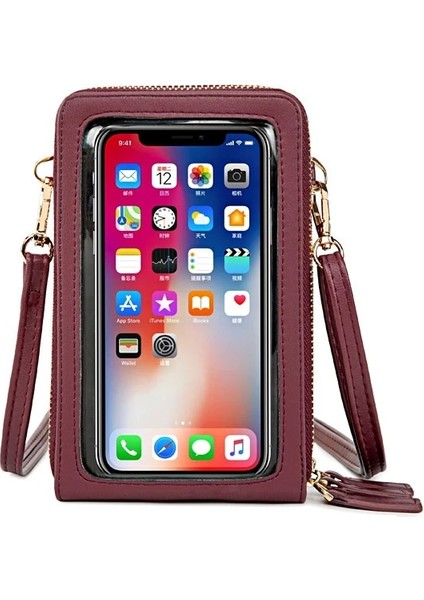 Şarap Kırmızısı Stili Mini Crossbody Omuz Çantaları Kadın Çok Fonksiyonlu Dokunmatik Cep Telefonu Cebi Kart Çanta Bayanlar Küçük Çanta Kadın Messenger Çanta (Yurt Dışından)