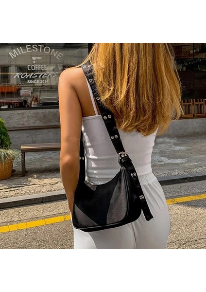 Siyah Stil2 Stili 2022 New Nylon Bag Women Vintage Black Shoulder Bag Casual Girls Armpit Bag Solid Color Handbag Street Crossbody Bag (Yurt Dışından)