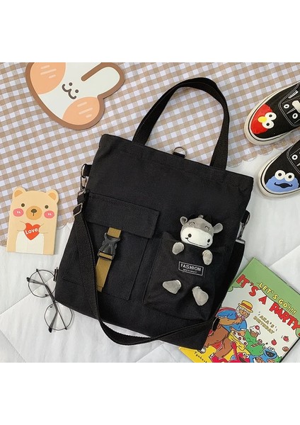 Inek Kolye Siyah Stil Kawaii Karikatür Tote Çanta Kanvas Çanta Alışveriş Çantası Süper Serin Çanta Omuz Çantaları Kız Kitap Çantaları Için Bolsa Feminina Mochila (Yurt Dışından)