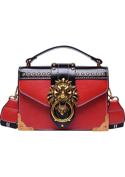 Kırmızı Stil 20CM x 15CM x 6cm Female Fashion Handbags Luxury Girls Crossbody Bags Tote Woman Metal Lion Head Shoulder Purse Mini Square Messenger Bag (Yurt Dışından)