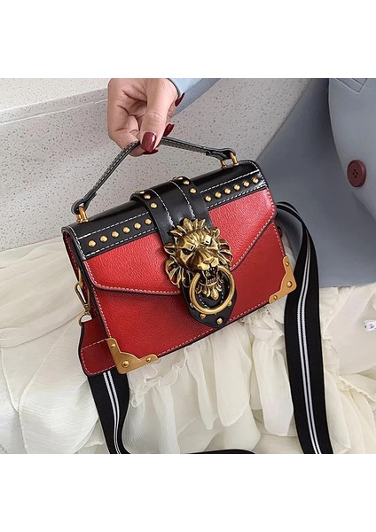 Kırmızı Stil 20CM x 15CM x 6cm Female Fashion Handbags Luxury Girls Crossbody Bags Tote Woman Metal Lion Head Shoulder Purse Mini Square Messenger Bag (Yurt Dışından) fiyatları
