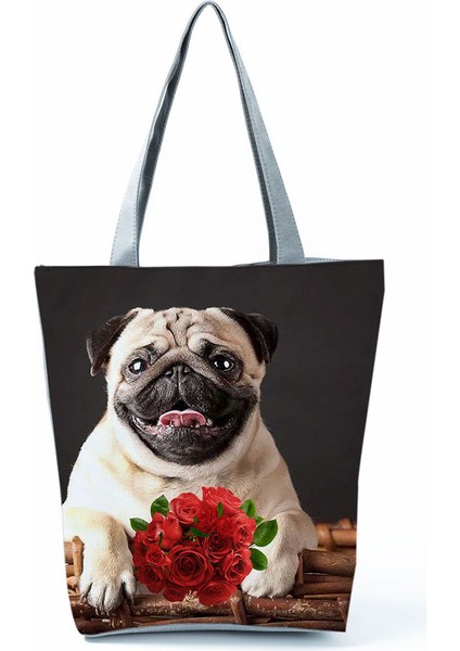 HL1292 Stili Köpek Baskılı Çanta Pug Rahat Yüksek Kapasiteli Eko Yeniden Kullanılabilir Alışveriş Çantası Kadın Çiçek Seyahat Depolama Tote Tüm Maç Özel Desen (Yurt Dışından) indirimleri