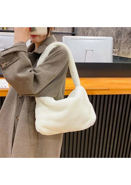 02 Bej 30X20X5CM Stili Women's Bag Plush Leopard Love Heart Pattern Underarm Shoulder Bag Autumn Winter Ladies Large Capacity Shopper Tote Handbags (Yurt Dışından)