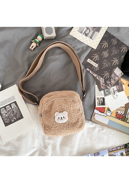 Kahverengi Tarzı 2021 Sonbahar ve Kış Yeni Sevimli Ayı Messenger Çanta Kadın Peluş Cep Telefonu Çantası Kız Küçük Omuz Çantası (Yurt Dışından)