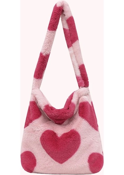 Qiuming Shop Red Heart D Style 30X30X2CM Ins Women Flower Print Shoulder Bags New Winter Soft Plush Bucket Bags Female Open Pocket Crossbody Furry Fluffy Tote Bags (Yurt Dışından)