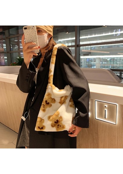 Qiuming Shop Red Heart D Style 30X30X2CM Ins Women Flower Print Shoulder Bags New Winter Soft Plush Bucket Bags Female Open Pocket Crossbody Furry Fluffy Tote Bags (Yurt Dışından)