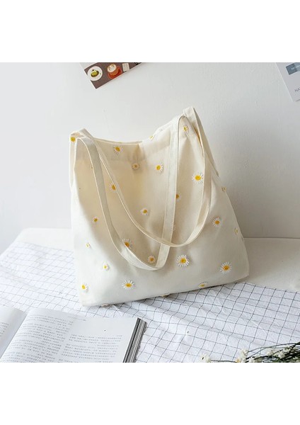 Bej Tarzı Wome Girls Shopper Için Küçük Kanvas Çantalar Tasarımcı Çanta Papatya Tığ ile Rahat Nakış Sevimli Örgü Omuz Tote Çanta (Yurt Dışından)