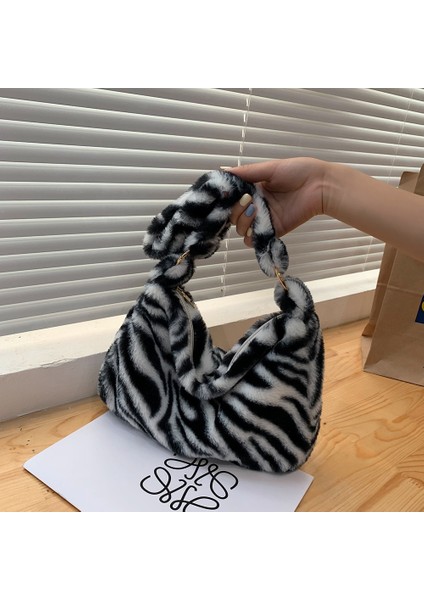 Zebra Desen B Stili 30X20X5CM 2021 Ins Moda Kadın Peluş Çiçek Desenli Omuz Çantaları Zarif Kadın Koltukaltı Çantaları Faux Kürk Çanta Kürklü Kabarık Bez Çantalar (Yurt Dışından)