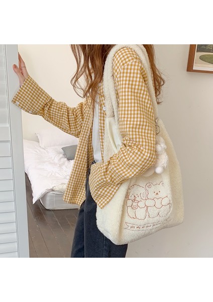 Bej ve Kuzu Stili Hylhexyr Kadınlar Yumuşak Peluş Tote Basit Sıcak Bez Alışveriş Çantaları Nakış Ayı Çanta Eko Omuz Çantası Kızlar Için Çantalar (Yurt Dışından)
