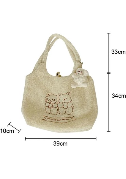 Bej ve Kuzu Stili Hylhexyr Kadınlar Yumuşak Peluş Tote Basit Sıcak Bez Alışveriş Çantaları Nakış Ayı Çanta Eko Omuz Çantası Kızlar Için Çantalar (Yurt Dışından)