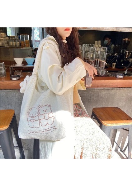 Bej ve Kuzu Stili Hylhexyr Kadınlar Yumuşak Peluş Tote Basit Sıcak Bez Alışveriş Çantaları Nakış Ayı Çanta Eko Omuz Çantası Kızlar Için Çantalar (Yurt Dışından)