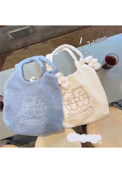 Bej ve Kuzu Stili Hylhexyr Kadınlar Yumuşak Peluş Tote Basit Sıcak Bez Alışveriş Çantaları Nakış Ayı Çanta Eko Omuz Çantası Kızlar Için Çantalar (Yurt Dışından)