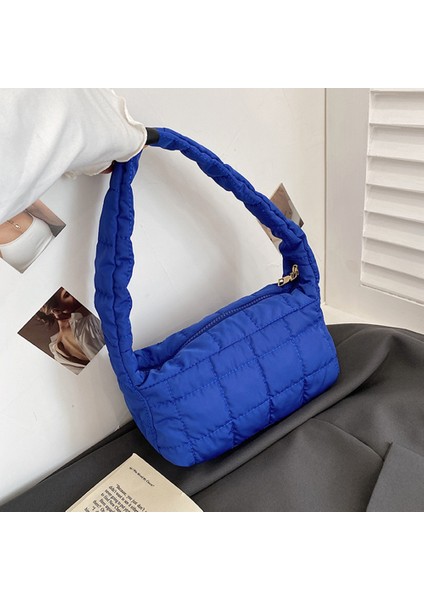 24X14X10CM Mavi Stil 2021 Kafes Desen Omuz Çantası Uzay Pamuk Çanta Kadın Büyük Kapasiteli Bez Çantalar Tüy Yastıklı Bayanlar Kapitone Alışveriş Çantası (Yurt Dışından)