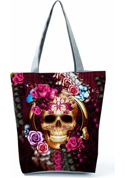 HL0458 Stili Kafatası Gül Baskı Çanta Serin Moda Omuz Çantası Bayanlar Yeni Cadılar Bayramı Tote Kadın Çevre Dostu Alışveriş Çantası Taşınabilir Kadın Çantası (Yurt Dışından)