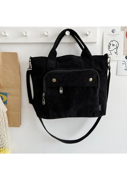 Dış Fermuar Siyah Stil Hylhexyr Kadife Omuz Çantası Kadın Vintage Alışveriş Çantaları Fermuar Kız Öğrenci Bookbag Çanta Dış Cep ile Rahat Tote (Yurt Dışından)
