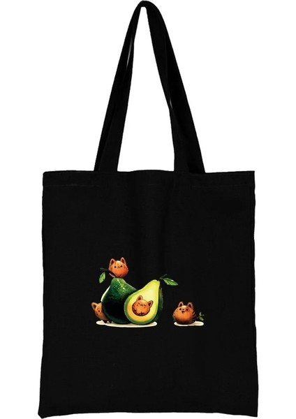 AVOKADO009 Stili Sevimli Avokado Karikatürler Desen Serisi Eko Kadın Alışveriş Çantaları Alışveriş Omuz Çantası Moda Siyah Baskı Çanta Kanvas Tote Çanta (Yurt Dışından)
