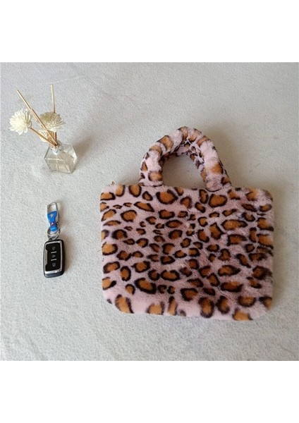 Pembe Leopar Tarzı 29X6X33CM Sevimli Gülen Yüz Kadın Peluş Omuz Çantası Yumuşak Faux Kürk Bayan Zincir Messenger Çanta Moda Kadın Küçük Çanta Çanta Bolsas (Yurt Dışından)