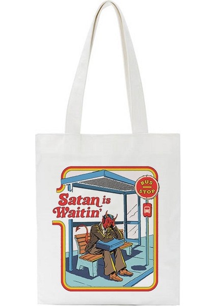 NO.1521 Tarzı Death Evil Devil Alien Baskı Yeni Rahat Harajuku Kadın Omuz Kanvas Çanta Ins Büyük Kapasiteli Tote Vogue Yeniden Kullanılabilir Kadın Çantaları (Yurt Dışından)