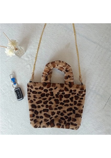 Leopar Tarzı 29X6X33CM Sevimli Gülen Yüz Kadın Peluş Omuz Çantası Yumuşak Faux Kürk Bayan Zincir Messenger Çanta Moda Kadın Küçük Çanta Çanta Bolsas (Yurt Dışından)
