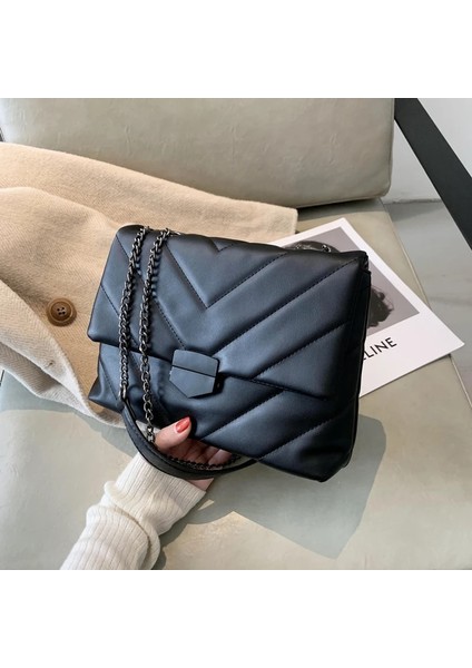 Siyah Stil 28CM x 19.5cm X8CM V-Line Crossbody Bag For Wome Fashion Sac A Main Female Shoulder Bag Female Handbags And Purses With Handle (Yurt Dışından)