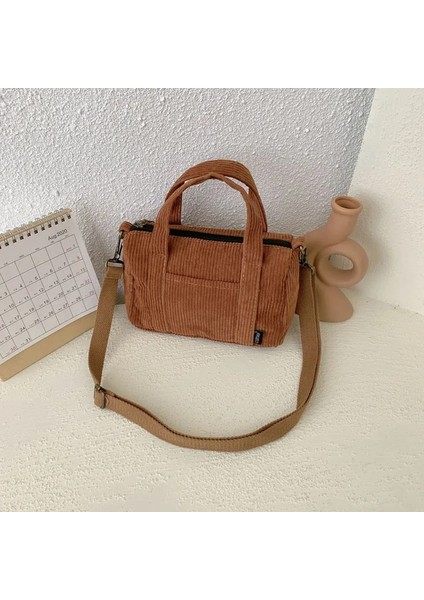 Mini Kadife Kahverengi Tarzı Hylhexyr Kadife Omuz Çantası Kadın Vintage Alışveriş Çantaları Fermuar Kız Öğrenci Bookbag Çanta Dış Cep ile Rahat Tote (Yurt Dışından)