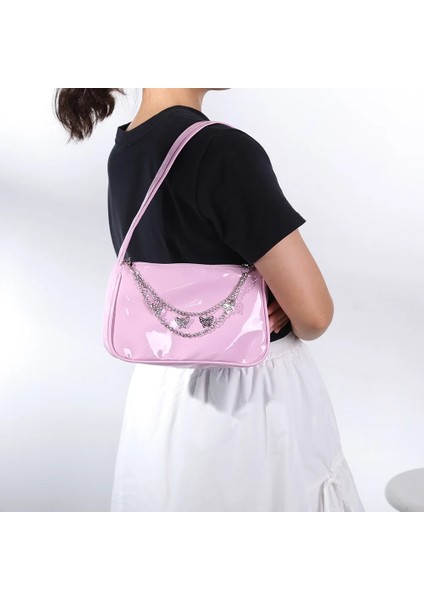 Çikolata Tarzı Vintage Kadın Kelebek Zincir Patent Pu Deri Omuz Koltukaltı Çantası Bayanlar Rahat Vahşi Düz Renk Küçük Çanta Çanta (Yurt Dışından)