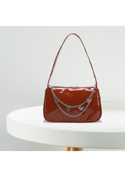 Çikolata Tarzı Vintage Kadın Kelebek Zincir Patent Pu Deri Omuz Koltukaltı Çantası Bayanlar Rahat Vahşi Düz Renk Küçük Çanta Çanta (Yurt Dışından)