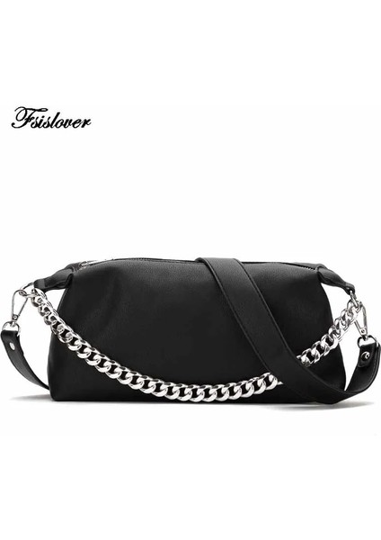 Siyah Stil 27X13X7.5CM Fashion Pu Leather Baguette Bag Metal Chain Shoulder Bags Designer Crossbody Bags For Wome Underarm Bag Women Clutch (Yurt Dışından)