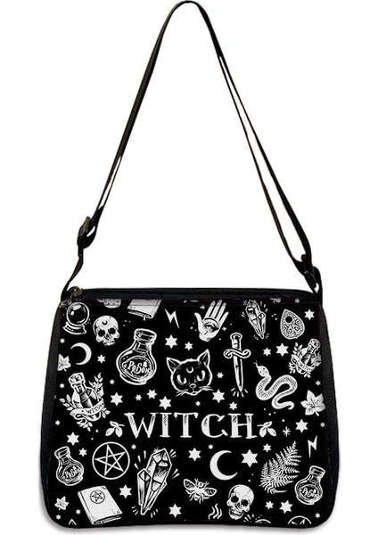 YXBWITHC16CW Stili 20CMX24CM Sevimli Siyah Kedi Cadı Messenger Çanta Kadın Çanta Tuval Koltukaltı Omuz Çantaları Büyücülük Kafatası Kız Gotik Crossbody Çanta Hediye (Yurt Dışından)