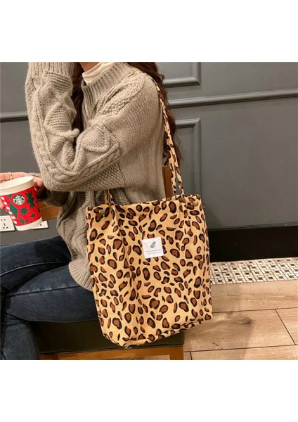 Kayısı-Leopar Stili 36X12X33CM Womeorduroy Için Çantalar Omuz Çantası Yeniden Kullanılabilir Alışveriş Çantaları Günlük Bez Bayan Çanta Belirli Sayıda (Yurt Dışından)