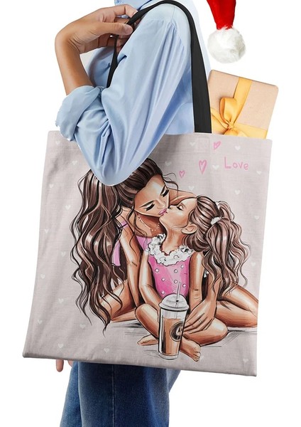 No.5 Tarzı Sevimli Karikatür Süper Mama Baskı Keten Tote Çanta Yeniden Kullanılabilir Omuz Çantaları Anne ve Bebek Katlanır Kadın Rahat Çanta Bayan Kumaş Kılıf (Yurt Dışından)