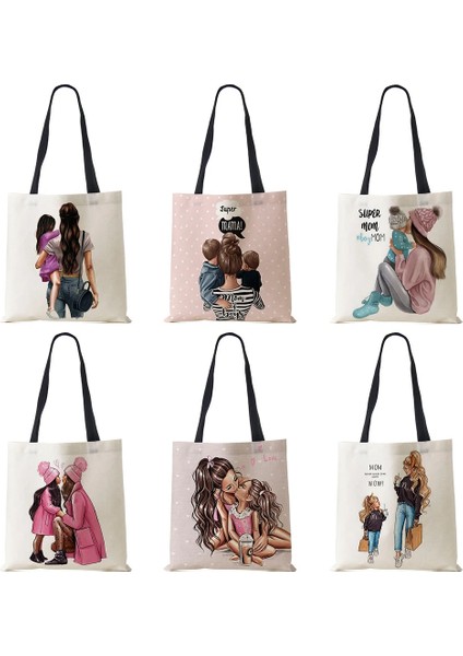 No.5 Tarzı Sevimli Karikatür Süper Mama Baskı Keten Tote Çanta Yeniden Kullanılabilir Omuz Çantaları Anne ve Bebek Katlanır Kadın Rahat Çanta Bayan Kumaş Kılıf (Yurt Dışından)