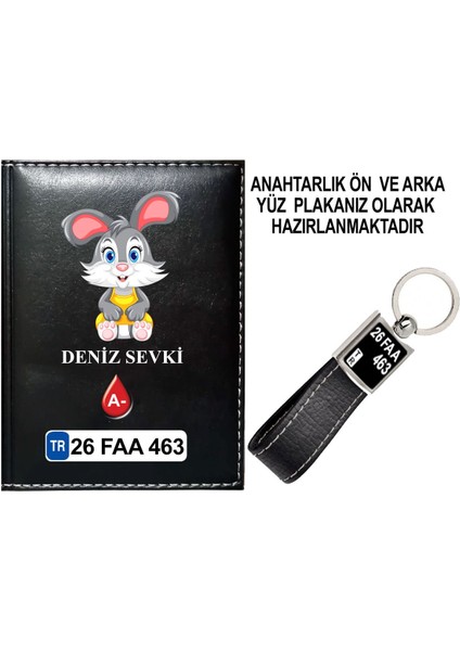 Kişiye Özel Sevimli Tavşan 3 Görselli Siyah Ruhsat Kabı ve Anahtarlık