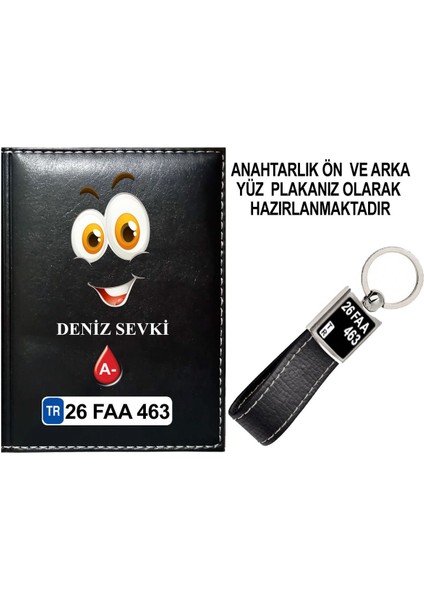 Kişiye Özel Gülen Yüz Görselli Siyah Ruhsat Kabı ve Anahtarlık