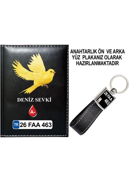 Kişiye Özel Kanarya Görselli Siyah Ruhsat Kabı ve Anahtarlık