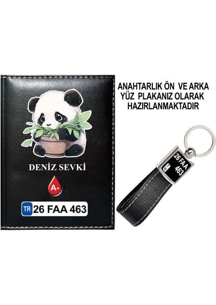 Kişiye Özel Sevimli Panda 1 Görselli Siyah Ruhsat Kabı ve Anahtarlık