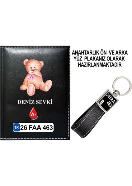 Kişiye Özel Sevimli Ayıcık 3 Görselli Siyah Ruhsat Kabı ve Anahtarlık