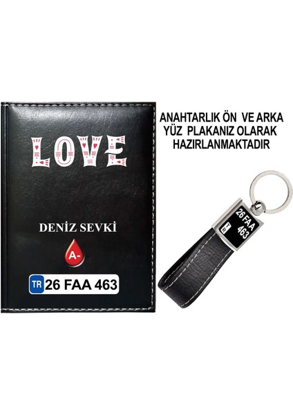 Kişiye Özel I Love You 4 Görselli Siyah Ruhsat Kabı ve Anahtarlık