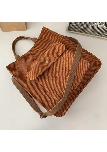 Kumral Tarzı Kadife Omuz Çantası Kadın Vintage Alışveriş Çantaları Fermuar Kız Öğrenci Bookbag Çanta Dış Cep ile Rahat Tote (Yurt Dışından)