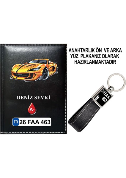 Kişiye Özel Lüks Araba Görselli Siyah Ruhsat Kabı ve Anahtarlık