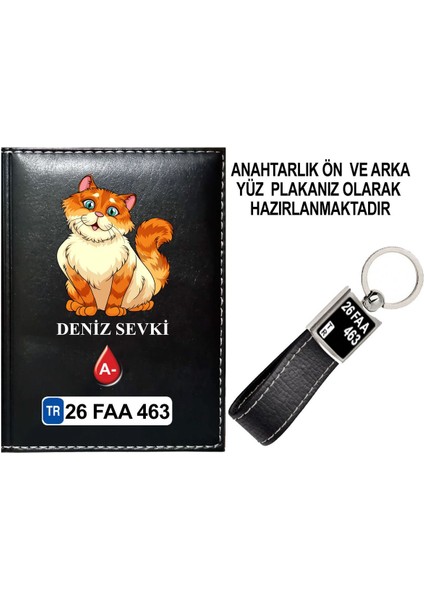 Kişiye Özel Sevimli Kedi 3 Görselli Siyah Ruhsat Kabı ve Anahtarlık