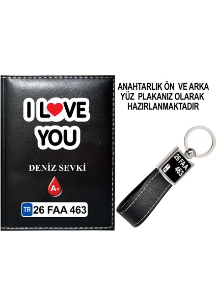 Kişiye Özel I Love You 1 Görselli Siyah Ruhsat Kabı ve Anahtarlık