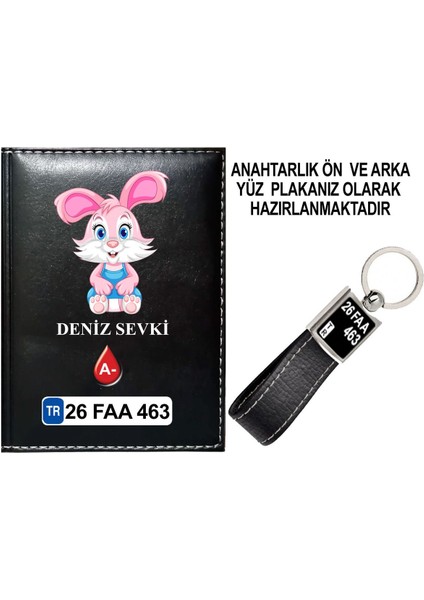 Kişiye Özel Sevimli Tavşan 2 Görselli Siyah Ruhsat Kabı ve Anahtarlık