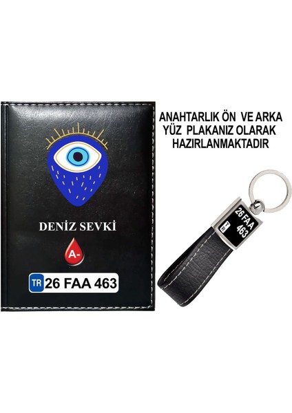 Kişiye Özel Nazar Boncuğu 6 Görselli Siyah Ruhsat Kabı ve Anahtarlık