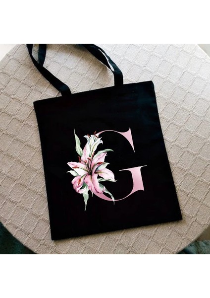 G2186-TBBK-M Stili Zambak Mektup Baskı Kadın Alışveriş Çantası Kadın Kanvas Kumaş Omuz Çantası Eko Depolama Rahat Çanta Yeniden Kullanılabilir Katlanabilir Moda Kılıf (Yurt Dışından)